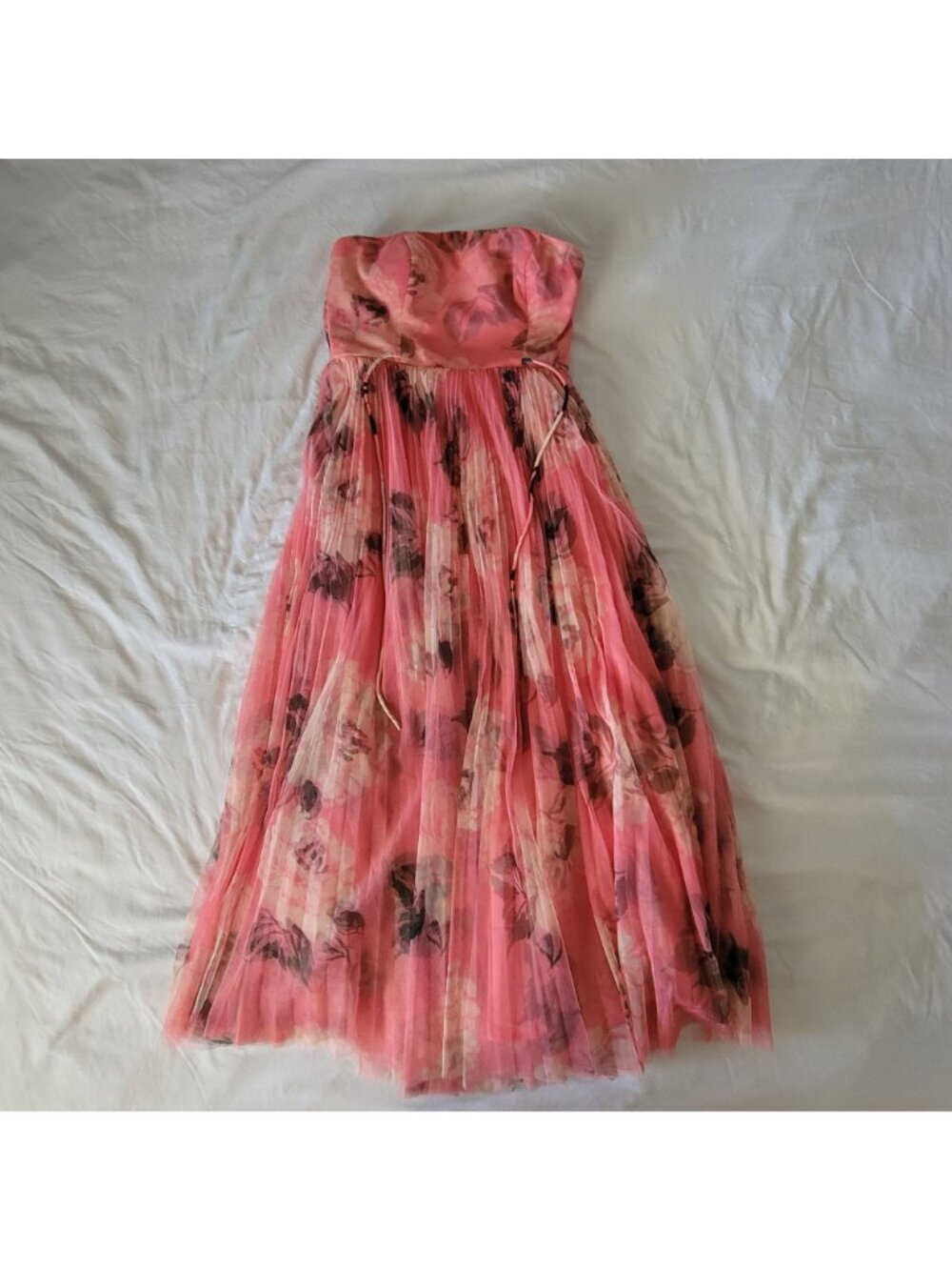 Hutch Costella Strapless Midi Dress Pleated Floral Tulle Romance Formal Womens 6 - Picture 2 of 8